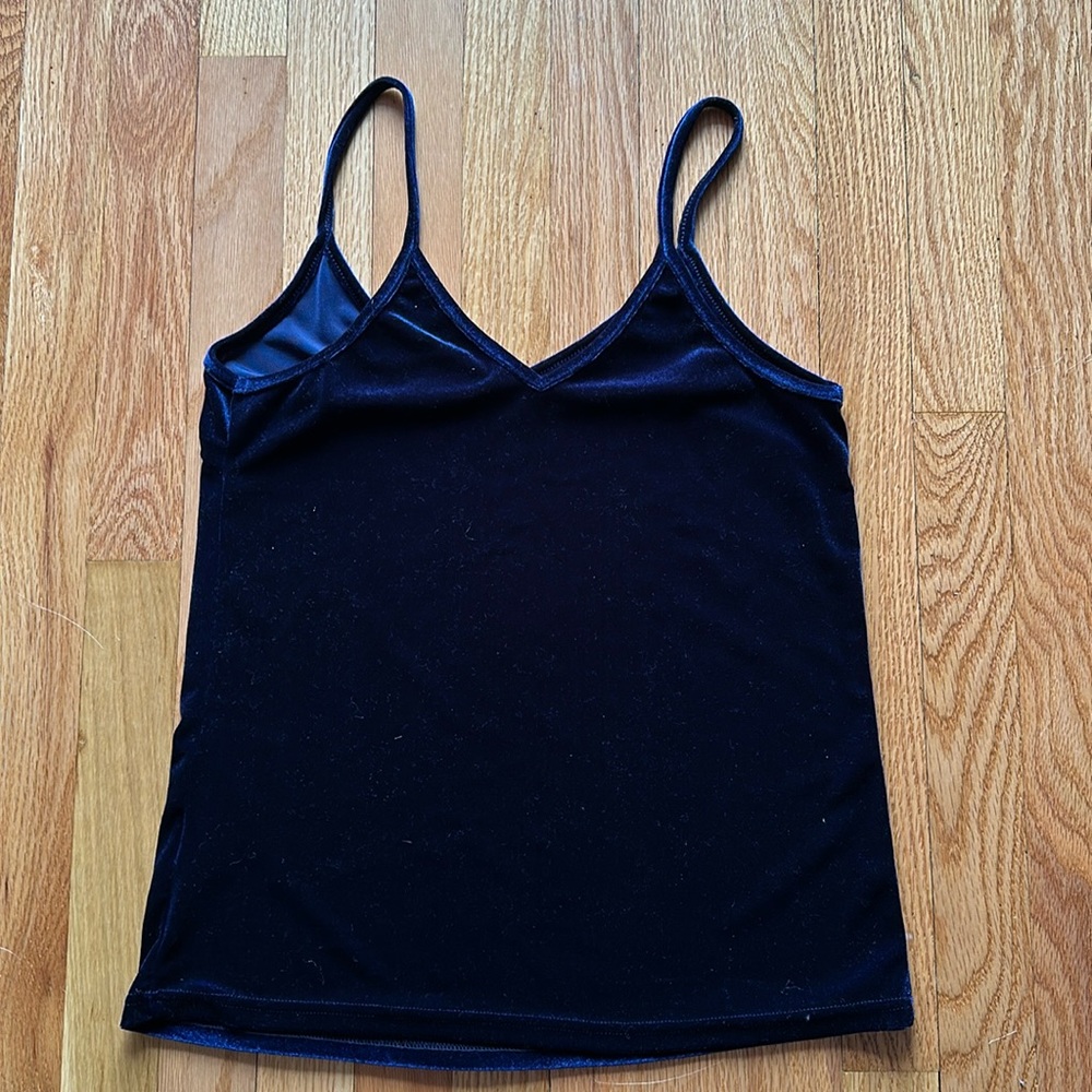 Casual Basic Strappy Velvet V Neck Cami Tank Top, Navy, Size Small